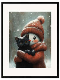 Gerahmter Kunstdruck Schneemann umarmt eine schwarze Katze