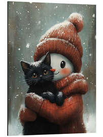Magnettafel Schneemann umarmt eine schwarze Katze