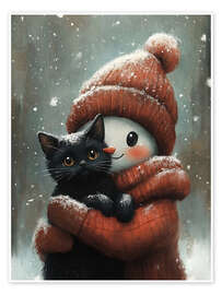 Wall print Snowman hugs a black cat - Olga Telnova