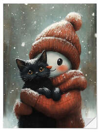 Wandsticker Schneemann umarmt eine schwarze Katze