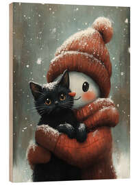 Quadro de madeira Snowman hugs a black cat - Olga Telnova