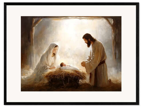 Impression artistique encadrée Nativity scene with Mary, Joseph and the Baby Jesus