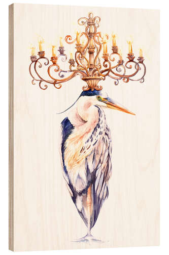 Wood print Elegant heron with golden chandelier