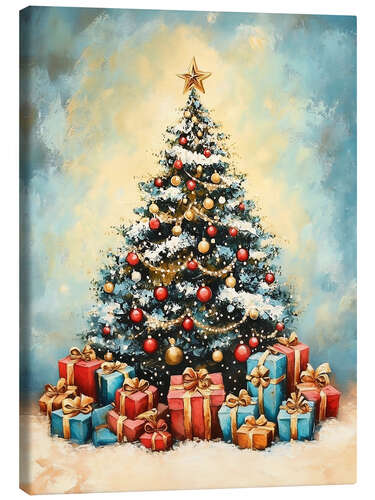 Leinwandbild Weihnachtsbaum mit Geschenken im Vintage Stil