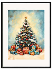Gerahmter Kunstdruck Weihnachtsbaum mit Geschenken im Vintage Stil - TAlex
