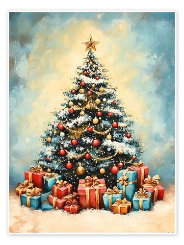 Poster Weihnachtsbaum mit Geschenken im Vintage Stil
