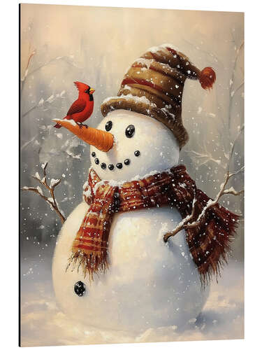 Aluminiumtavla Christmas Snowman and Red Cardinal