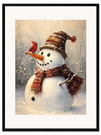 Impresión de arte enmarcada Christmas Snowman and Red Cardinal