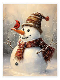 Wall print Christmas Snowman and Red Cardinal - TAlex