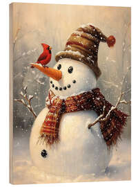 Trätavla Christmas Snowman and Red Cardinal - TAlex