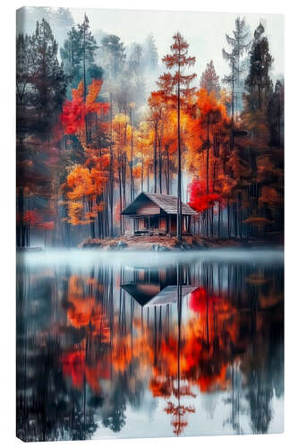 Lienzo Small hut by the forest lake