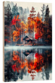 Hout print Small hut by the forest lake
