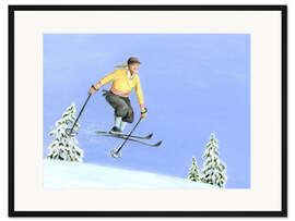 Gerahmter Kunstdruck Abfahrtsskifahrerin mit gelbem Pullover
