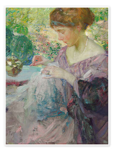 Poster Young woman sewing