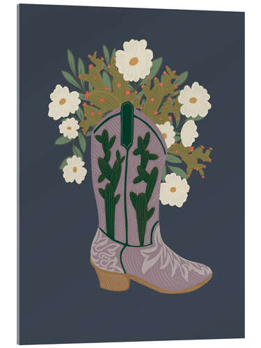 Tableau en verre acrylique Cowboy boot with cactus and florals