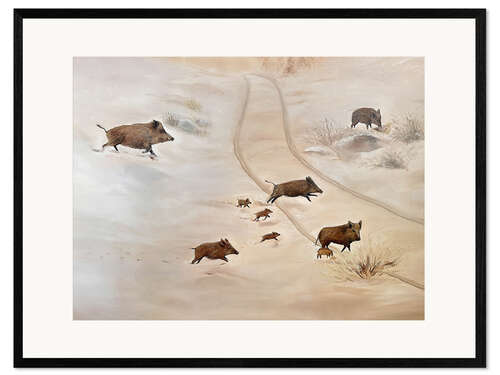 Impression artistique encadrée Wild boar family in the snow