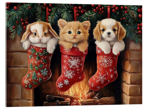 Tableau en verre acrylique Cute Pets in Christmas Stockings