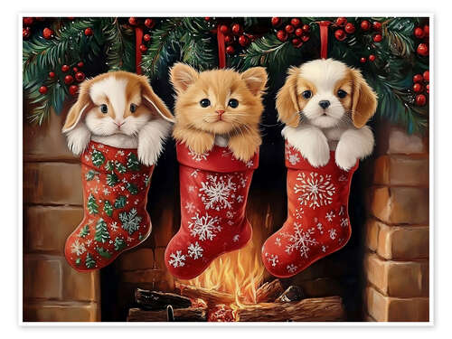 Plakat Cute Pets in Christmas Stockings