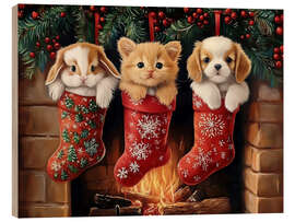 Print på træ Cute Pets in Christmas Stockings - TAlex