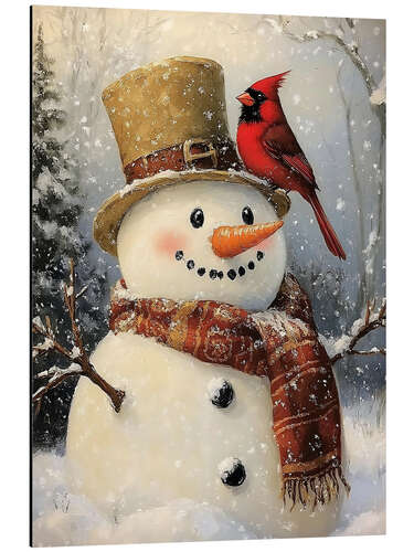 Aluminiumtavla Christmas Snowman with Cardinal