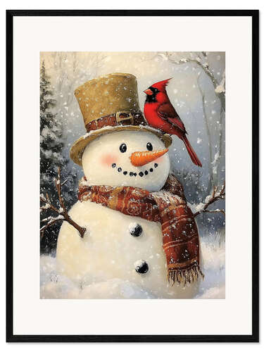 Impresión de arte enmarcada Christmas Snowman with Cardinal