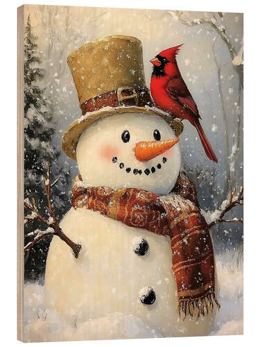 Quadro de madeira Christmas Snowman with Cardinal