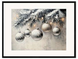 Gerahmter Kunstdruck Weihnachtsschmuck auf Tannenzweig