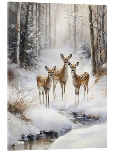 Acrylglasbild Hirsche im verschneiten Wald mit Bach