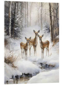 Acrylglasbild Hirsche im verschneiten Wald mit Bach - TAlex