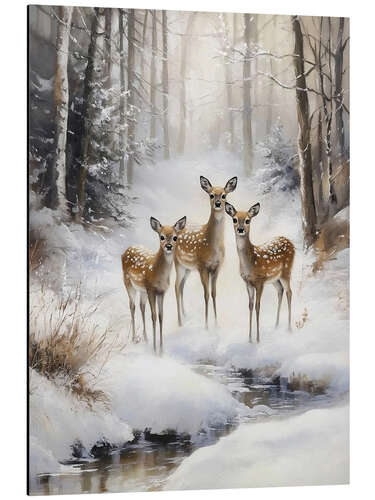 Tableau en aluminium Deers in Snowy Forest with Stream