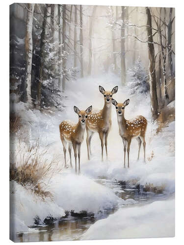 Canvas print Deers in Snowy Forest with Stream