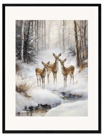 Gerahmter Kunstdruck Hirsche im verschneiten Wald mit Bach