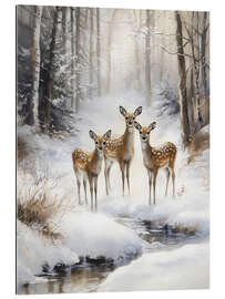Gallery Print Hirsche im verschneiten Wald mit Bach