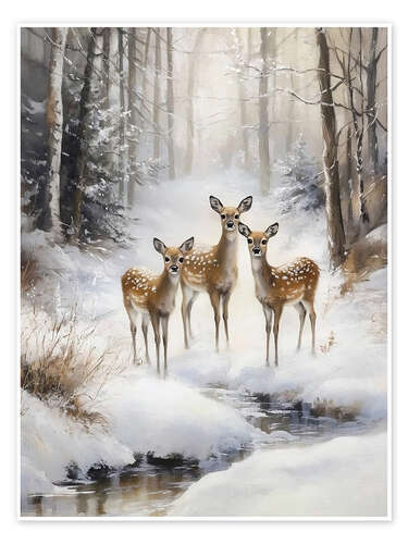 Poster Deers in Snowy Forest with Stream