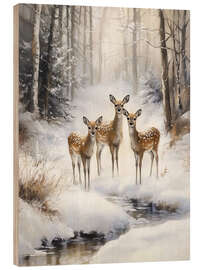 Stampa su legno Deers in Snowy Forest with Stream - TAlex