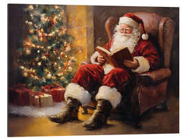 Alubild Weihnachtsmann liest beim Weihnachtsbaum