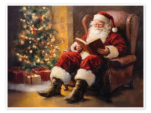 Plakat Santa Claus reading at the Christmas tree