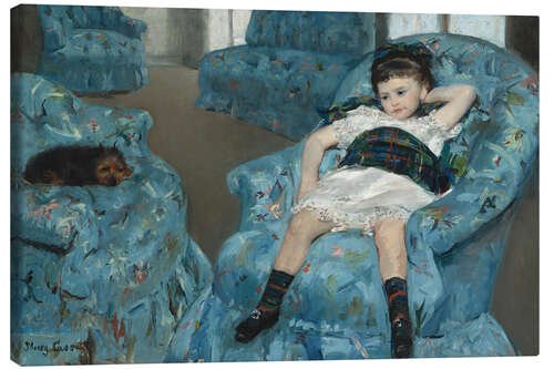 Canvastavla Kleines Mädchen in einem blauen Sessel