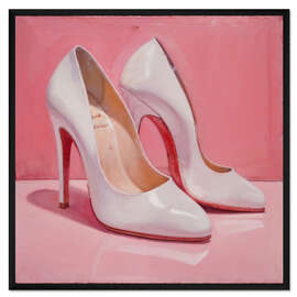 Gerahmter Kunstdruck Weiße High Heels auf Pink