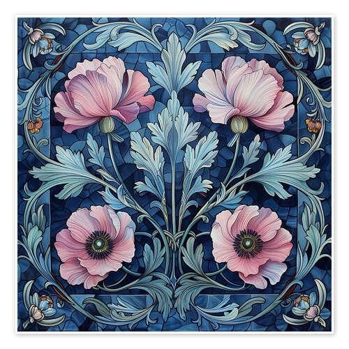 Poster Pink Poppies on Blue