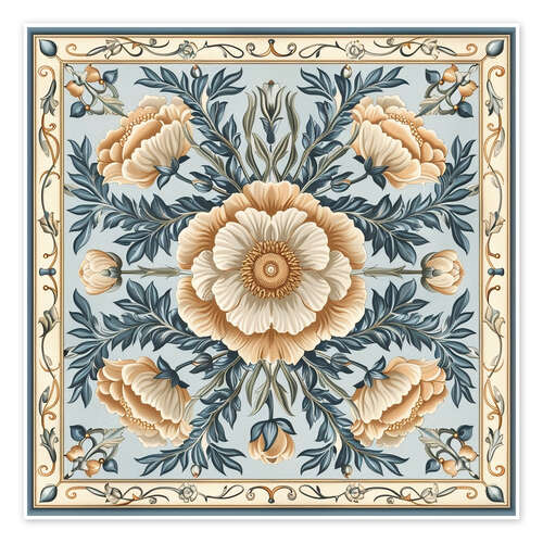 Poster Beige Blumen auf Blauem Hintergrund