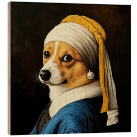 Wood print Corgi with a Pearl Earring