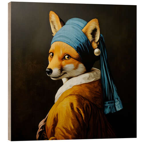 Wood print Fox with a Pearl Earring