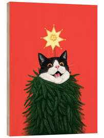 Holzbild Katze in einem Weihnachtsbaum