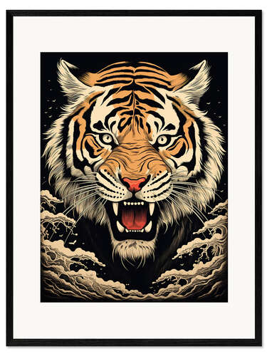 Framed art print Japandi Tiger in woodcut style