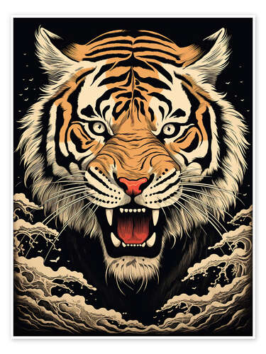 Poster Japandi Tiger im Holzschnitt-Stil