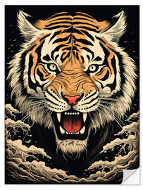 Wandsticker Japandi Tiger im Holzschnitt-Stil
