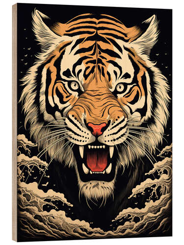 Holzbild Japandi Tiger im Holzschnitt-Stil