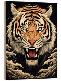 Print på træ Japandi Tiger in woodcut style