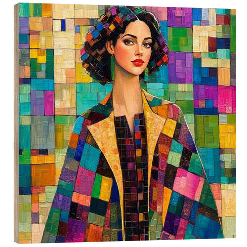 Puutaulu Beauty woman wearing a coat of many colours